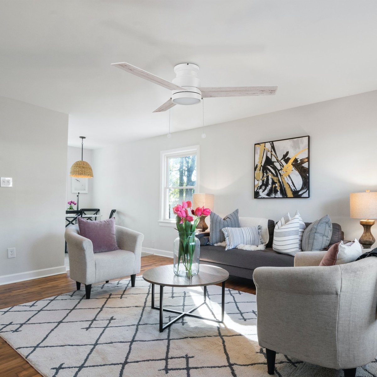 ASCOTT 52 inch 3 - Blade Flush Mount Ceiling Fan with LED Light & Pull Chain - LEDMyPlace