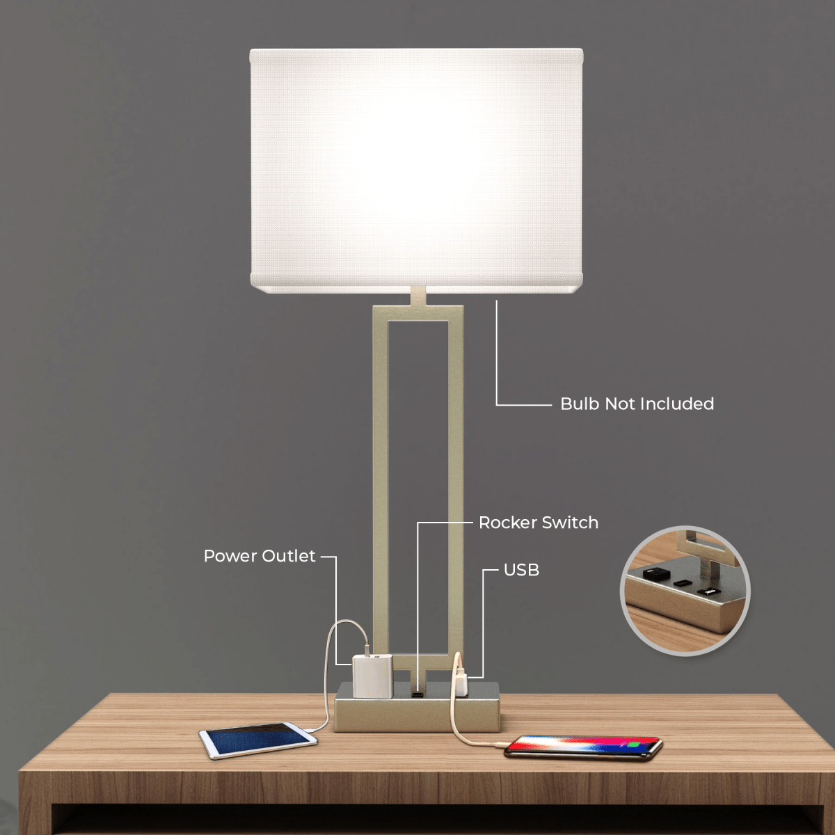 Bedside Table Lamp with USB Port and Outlet, 28 inch, Brushed Nickel Finish, with 1pc Switch,1pcs outlets,1pc USB 1 Type C, For Living Room, Dorm, Bedroom Lamp - LEDMyPlace
