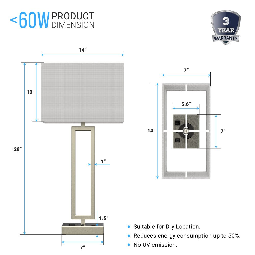 Bedside Table Lamp with USB Port and Outlet, 28 inch, Brushed Nickel Finish, with 1pc Switch,1pcs outlets,1pc USB 1 Type C, For Living Room, Dorm, Bedroom Lamp - LEDMyPlace