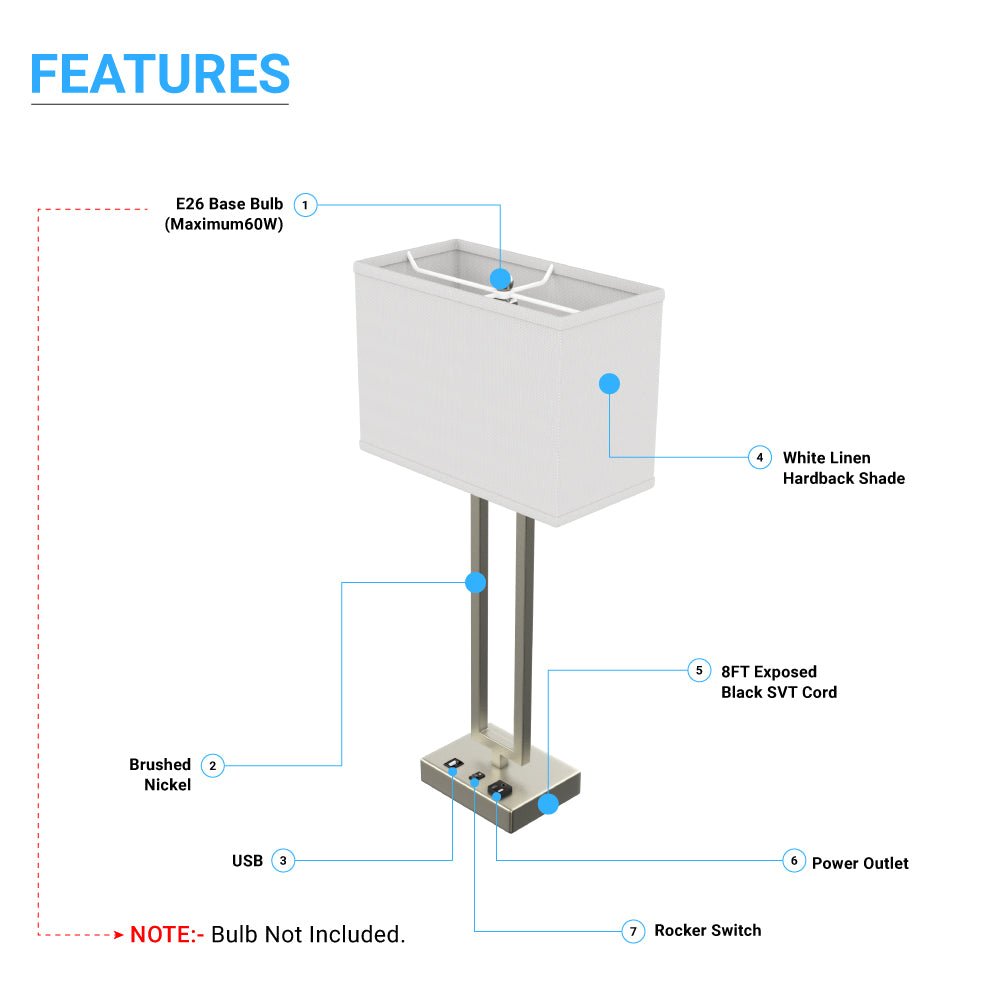 Bedside Table Lamp with USB Port and Outlet, 28 inch, Brushed Nickel Finish, with 1pc Switch,1pcs outlets,1pc USB 1 Type C, For Living Room, Dorm, Bedroom Lamp - LEDMyPlace