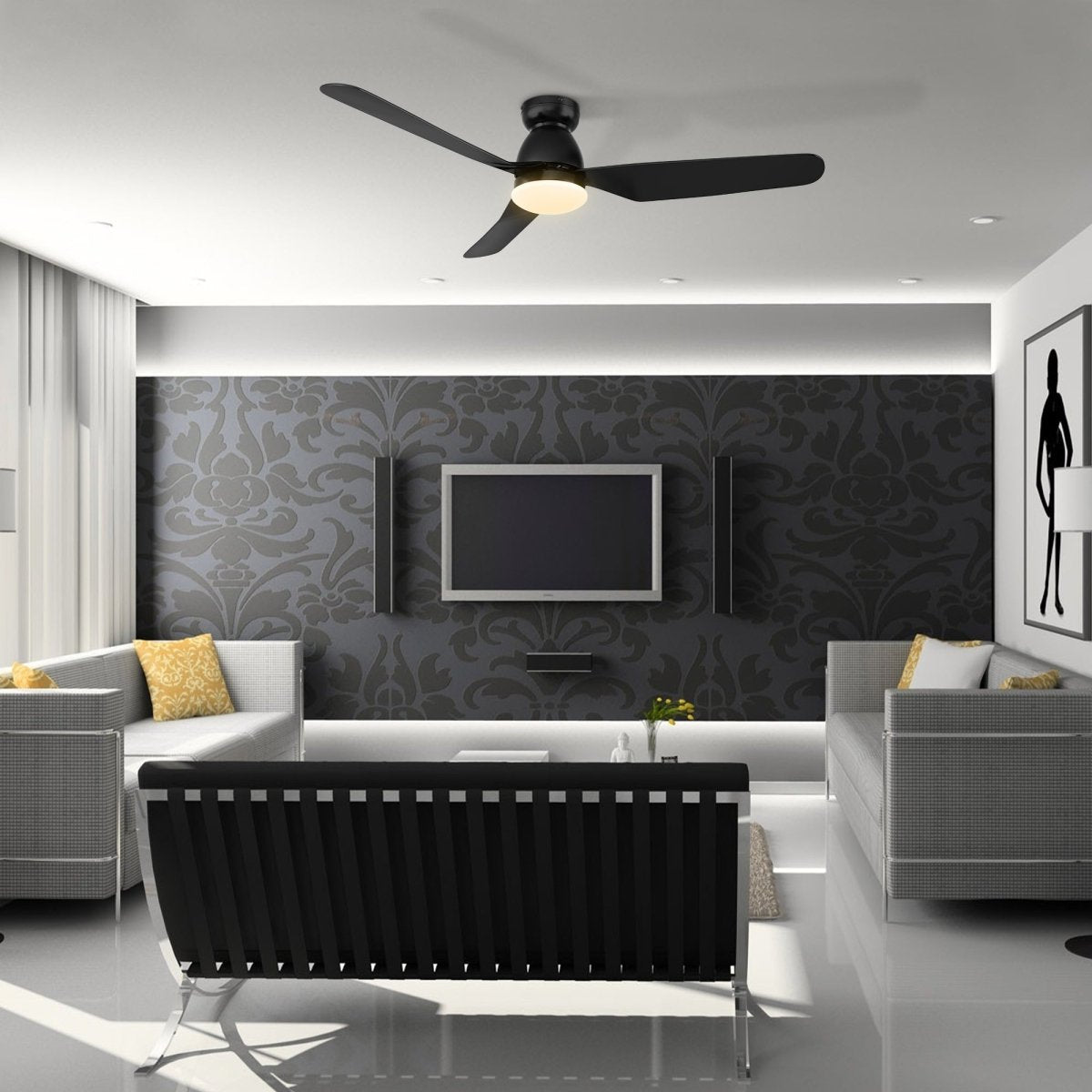 DENVER 52 inch 3 - Blade Flush Mount Smart Ceiling Fan with LED Light With Remote - LEDMyPlace