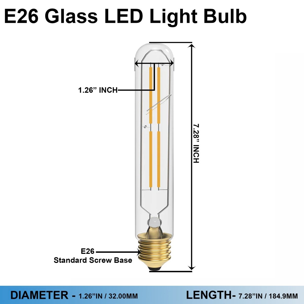 E26 8W Vintage LED Bulb T10 LED Tubular Bulb, 4 - Filament Light Bulb, Dimmable, 2700K, 120V/60Hz, 900LM, Clear - D1.26"*7.28"H - LEDMyPlace