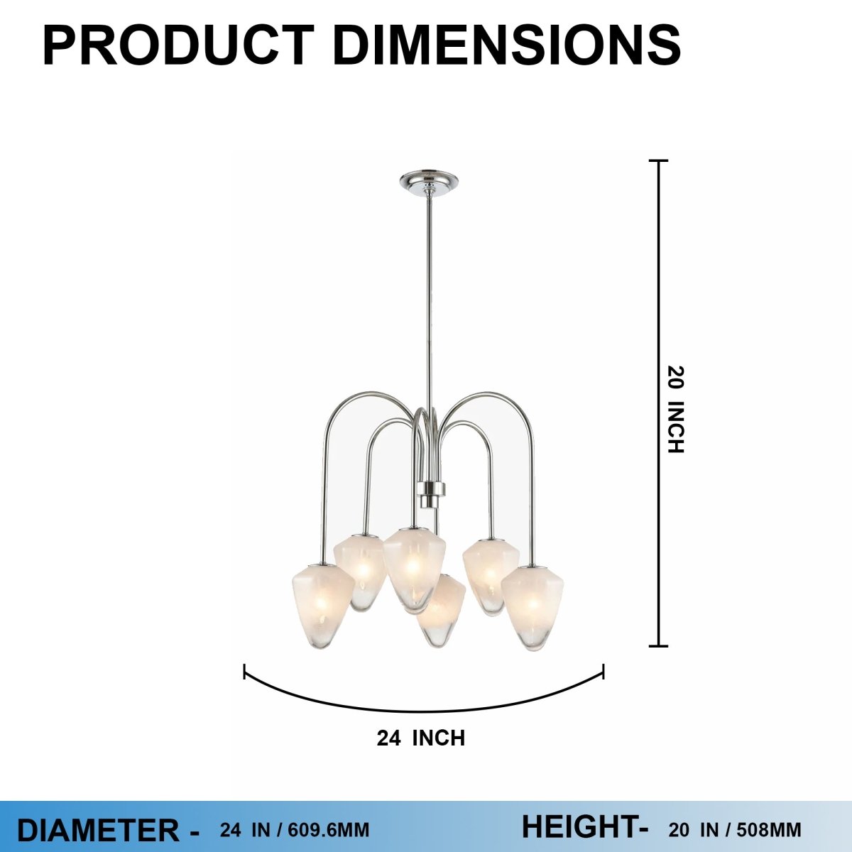 Flower Chandelier, 6 - Light E12 Base, Polished Nickel Finish hardware with Snow White Glass Shades - Modern and Contemporary Chandelier - 24”D x 20“H - LEDMyPlace