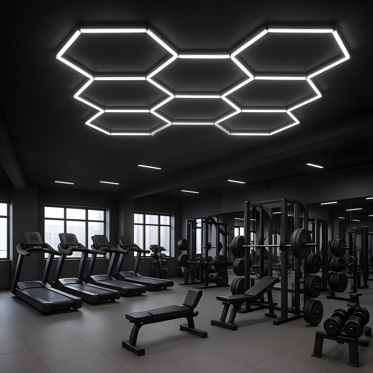 Hexagon LED Garage Light, 8 Hex Kit (35pcs), 6w/pc (Total Power 210W), 6500K, 120 - 130lm/w, AC100 - 277v,IP44, CRI:>80, For Garage, Shop, Gym, Basement, Barbershop, Warehouse, Car Detailing Shop - LEDMyPlace
