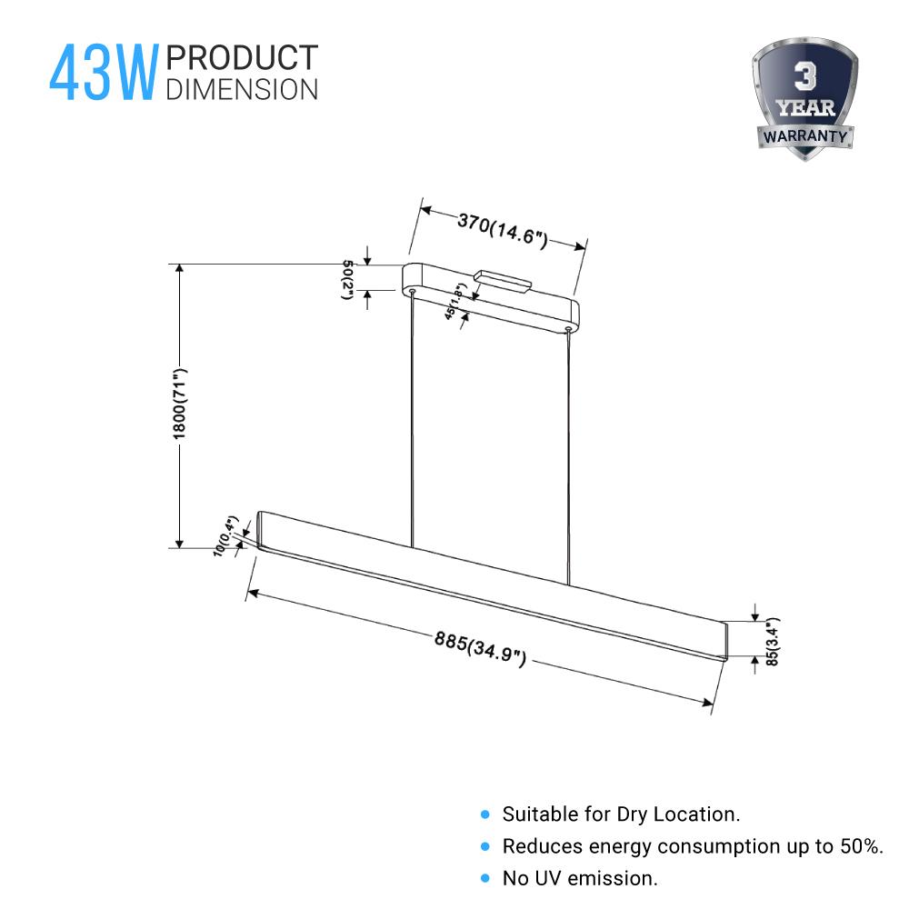 LED Kitchen Island Light Chandelier, 43W, 3000K, 966LM, Dimmable, 5 Years Warranty - LEDMyPlace