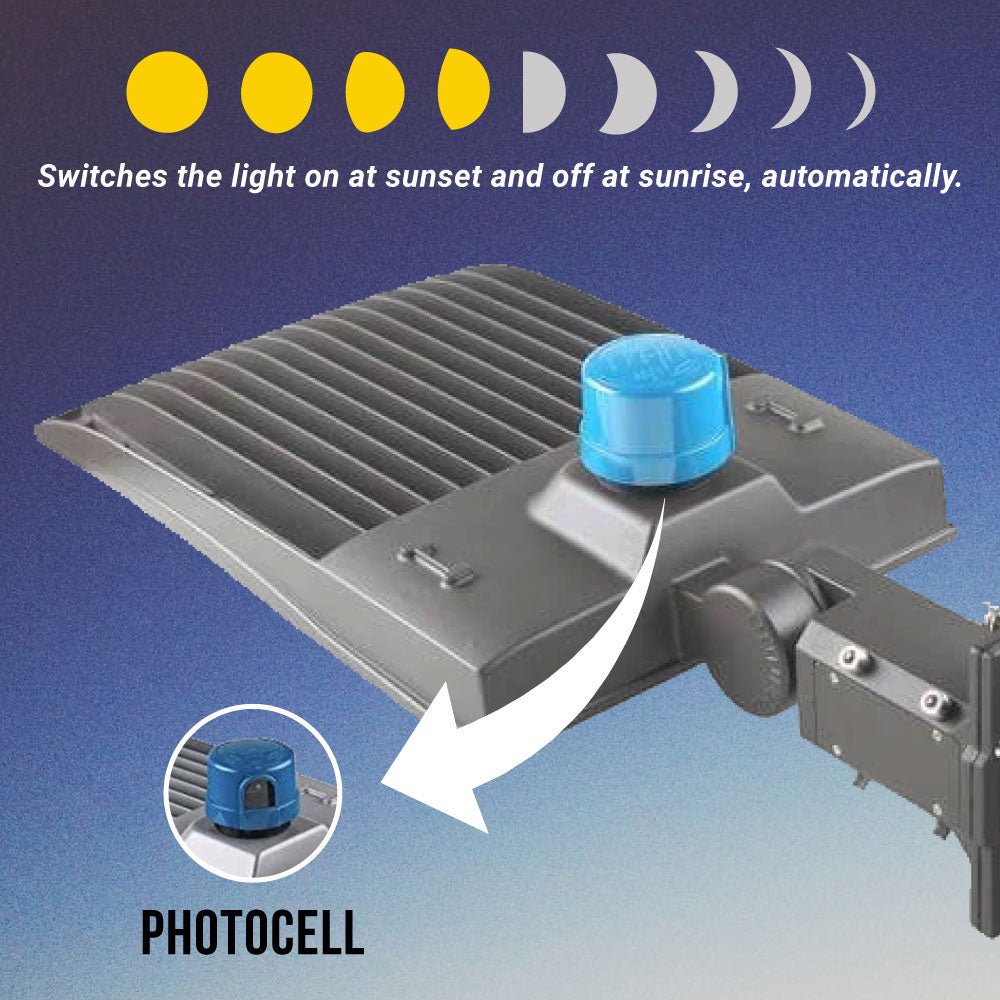 LED Pole Light with Dusk to Dawn Photocell, 300W/240W/200W Wattage Adjustable, 5700K, 133 LM/W, Universal Mount (Adjustable Slip Fitter + Wall Mount), Gray, IP65 Waterproof, AC120 - 277V, LED Parking Lot Lights - Outdoor Commercial Area Street Lighting - LEDMyPlace