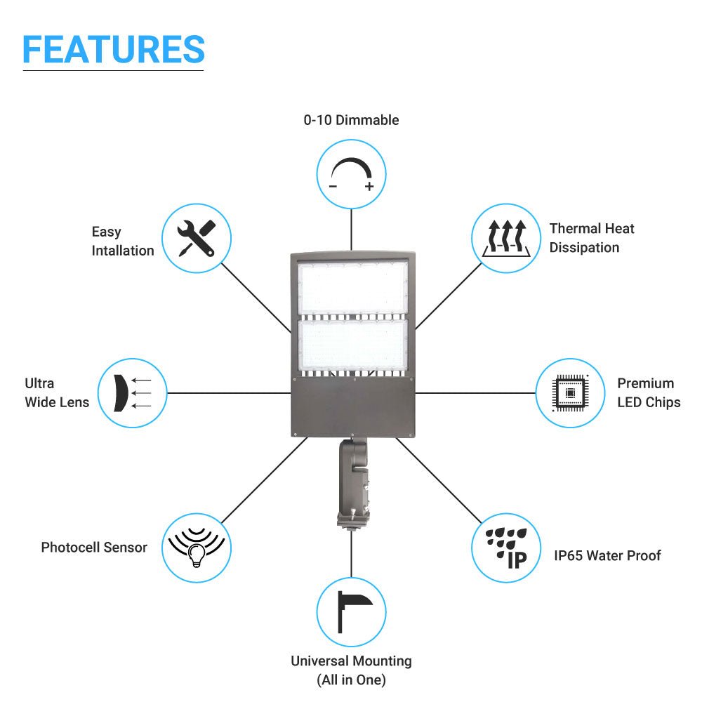 LED Pole Light with Dusk to Dawn Photocell, 300W/240W/200W Wattage Adjustable, 5700K, 133 LM/W, Universal Mount (Adjustable Slip Fitter + Wall Mount), Gray, IP65 Waterproof, AC120 - 277V, LED Parking Lot Lights - Outdoor Commercial Area Street Lighting - LEDMyPlace