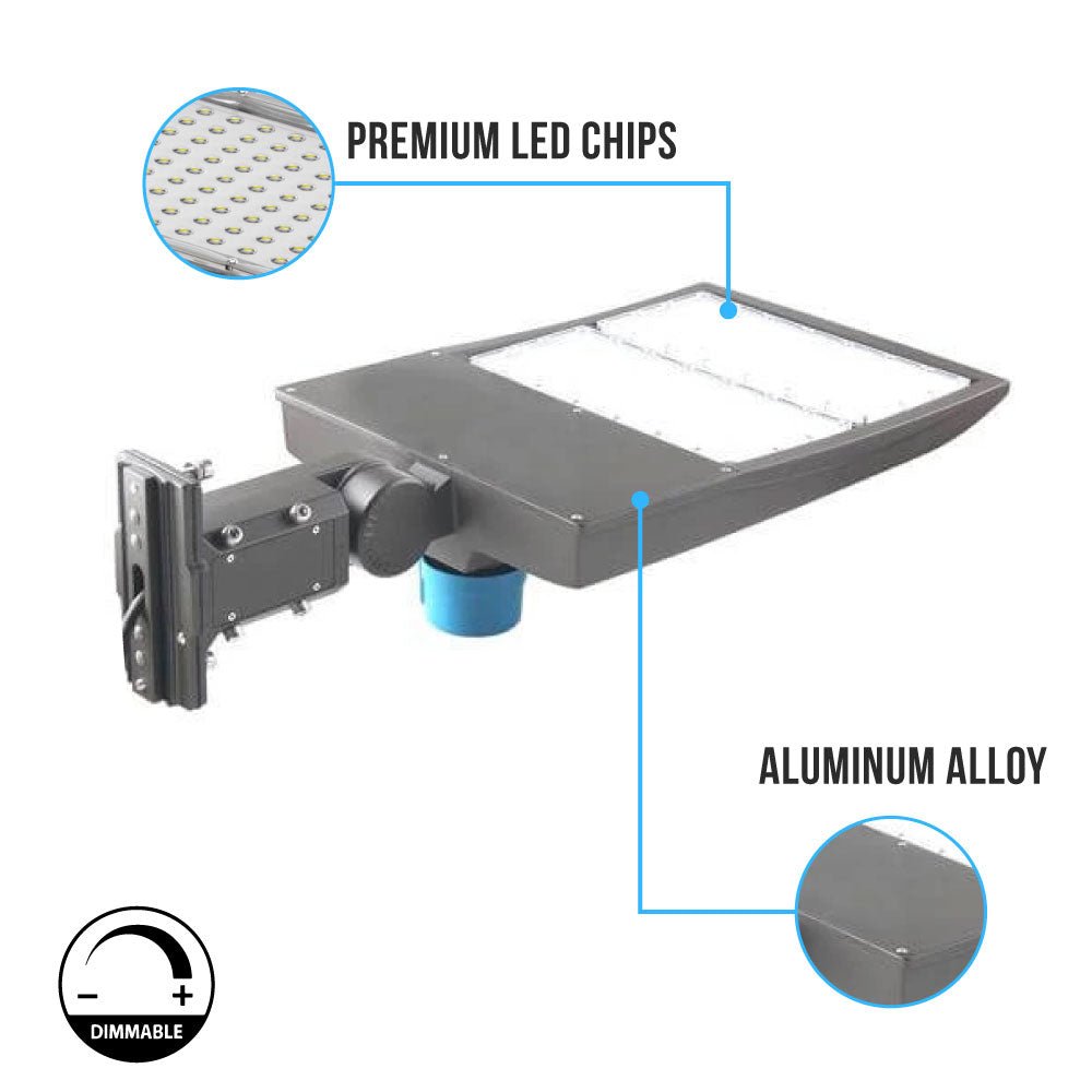 LED Pole Light with Dusk to Dawn Photocell, 300W/240W/200W Wattage Adjustable, 5700K, 133 LM/W, Universal Mount (Adjustable Slip Fitter + Wall Mount), Gray, IP65 Waterproof, AC120 - 277V, LED Parking Lot Lights - Outdoor Commercial Area Street Lighting - LEDMyPlace