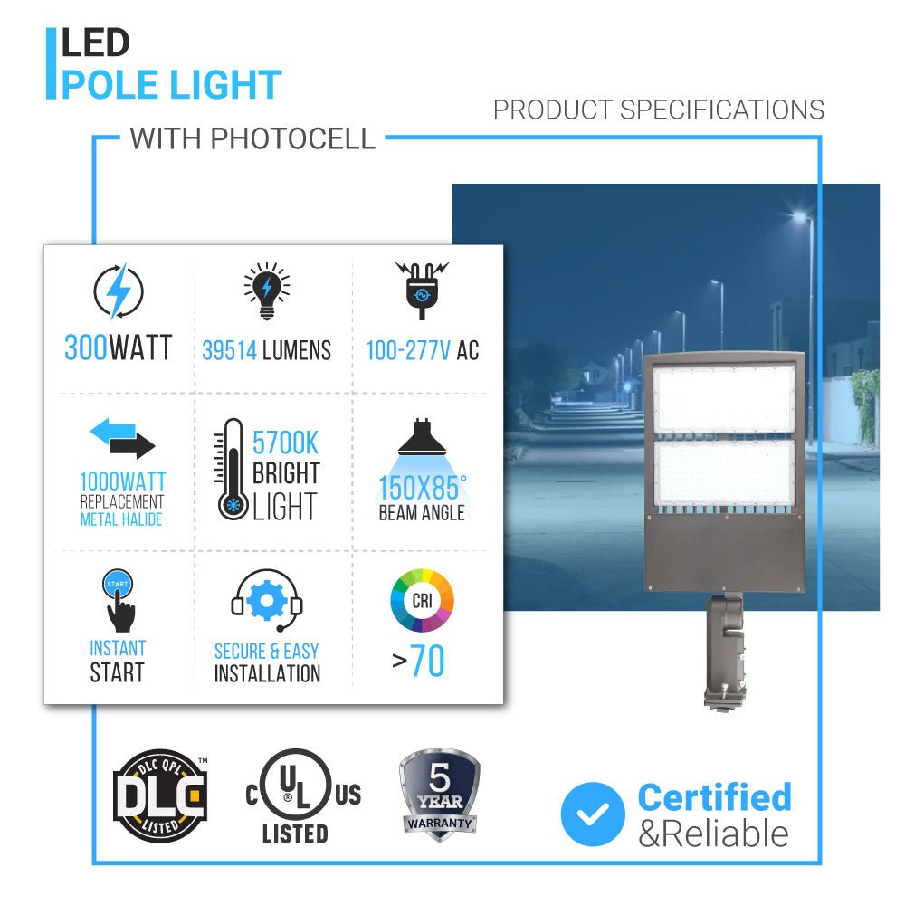 LED Pole Light with Dusk to Dawn Photocell, 300W/240W/200W Wattage Adjustable, 5700K, 133 LM/W, Universal Mount (Adjustable Slip Fitter + Wall Mount), Gray, IP65 Waterproof, AC120 - 277V, LED Parking Lot Lights - Outdoor Commercial Area Street Lighting - LEDMyPlace