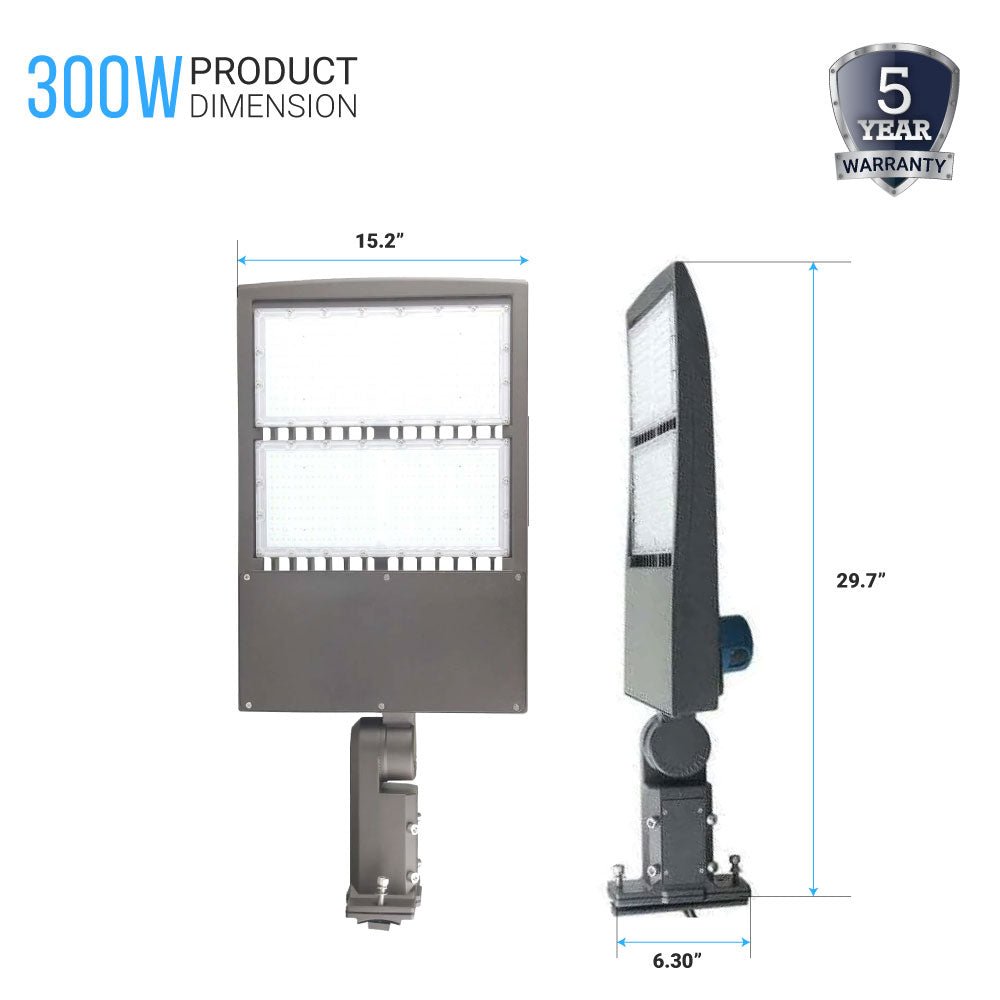 LED Pole Light with Dusk to Dawn Photocell, 300W/240W/200W Wattage Adjustable, 5700K, 133 LM/W, Universal Mount (Adjustable Slip Fitter + Wall Mount), Gray, IP65 Waterproof, AC120 - 277V, LED Parking Lot Lights - Outdoor Commercial Area Street Lighting - LEDMyPlace