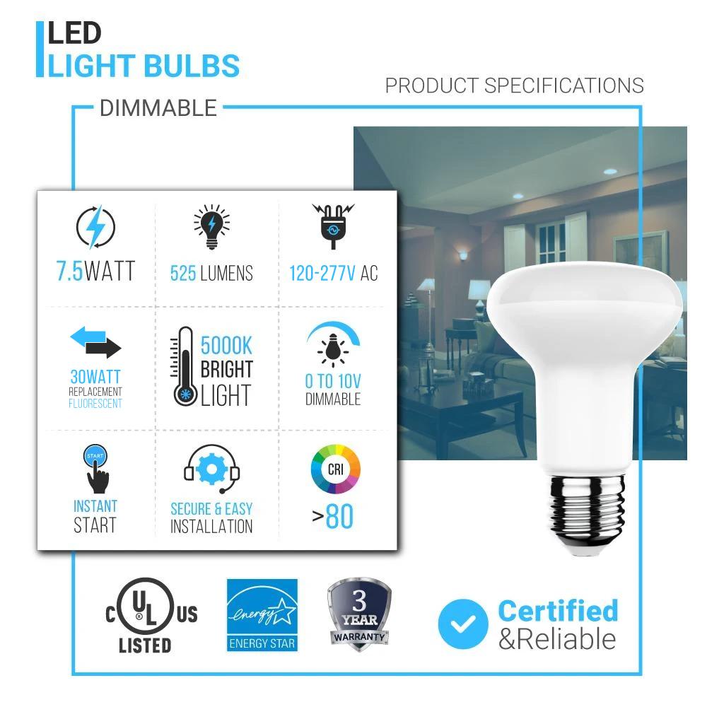 LED R20/BR20 Bulbs - 5000K - Day Light White - 7.5Watts - 50 Watt Equivalent - LEDMyPlace