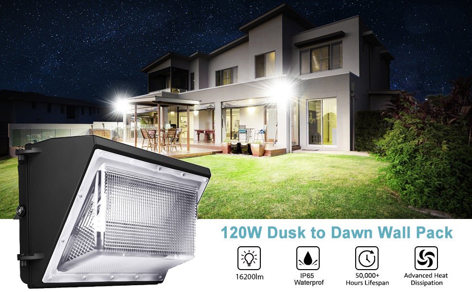 LED Wall Pack Light with Dusk - to - Dawn Photocell 120W 5700K 16300LM, Forward Throw, IP65 Waterproof Outdoor Wall Light Fixture, Commercial Security Lighting, UL, DLC Premium - LEDMyPlace