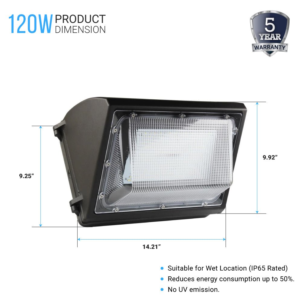 LED Wall Pack Light with Dusk - to - Dawn Photocell 120W 5700K 16300LM, Forward Throw, IP65 Waterproof Outdoor Wall Light Fixture, Commercial Security Lighting, UL, DLC Premium - LEDMyPlace