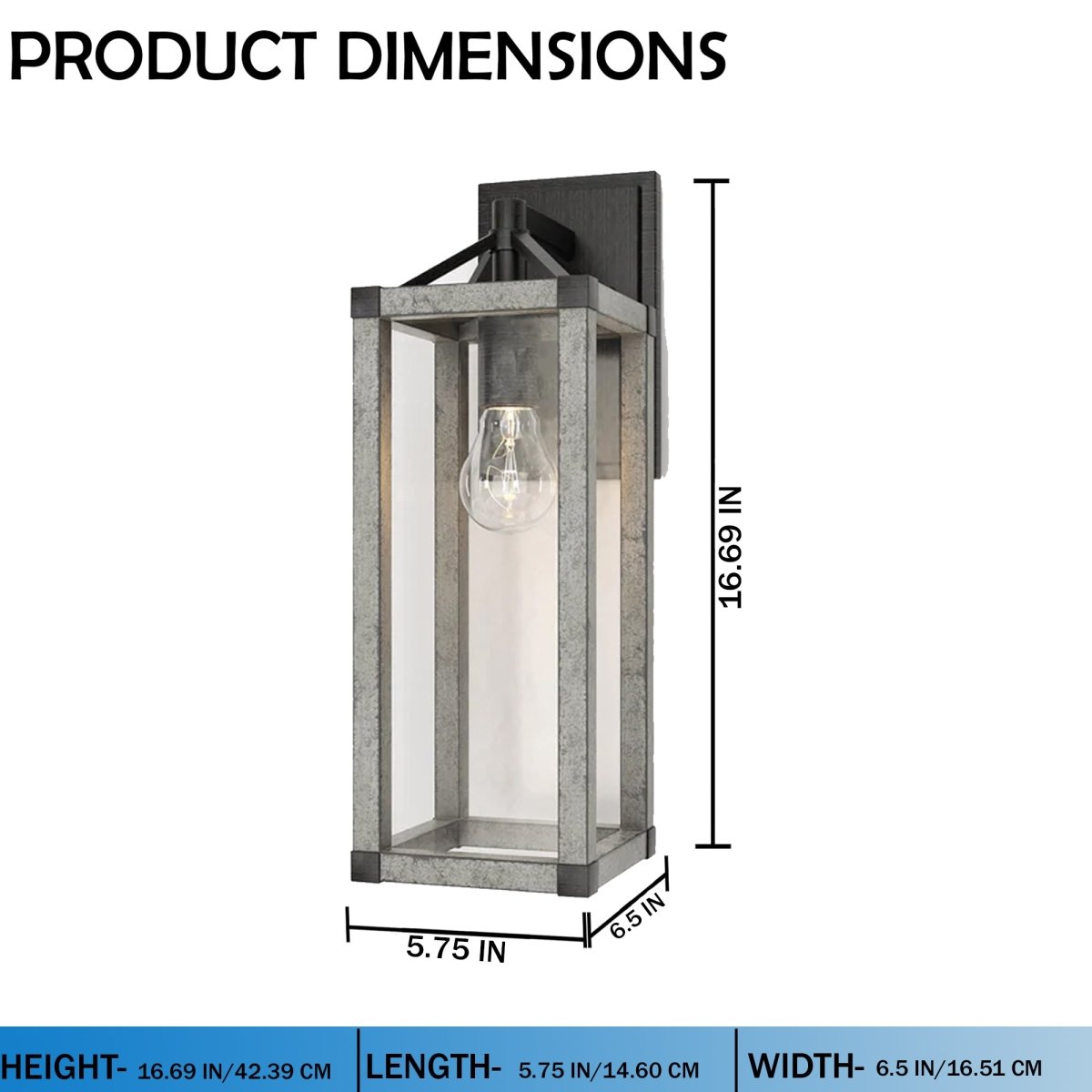Outdoor 16.5" Wall Sconce, Black and White Washed Grey with Clear Glass Finish, E26 Socket, 1X60W, Wet Location Rated - 5.75"L x 6.5"W x 16.69"H - LEDMyPlace