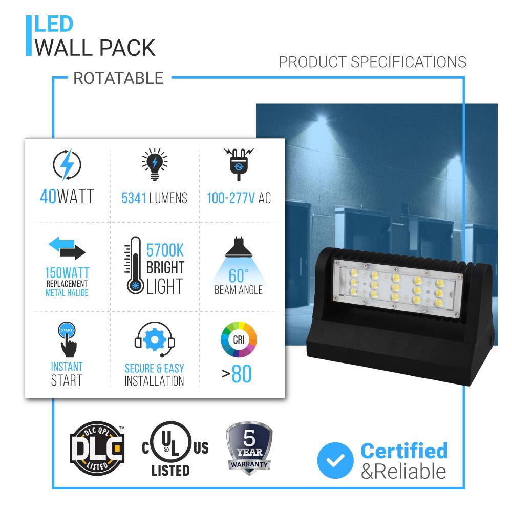 Outdoor Rotatable LED Wall Pack Light 40W 5700K 5400 Lumens, UL, DLC Listed, Bronze Finish, Waterproof Wall Light - LEDMyPlace