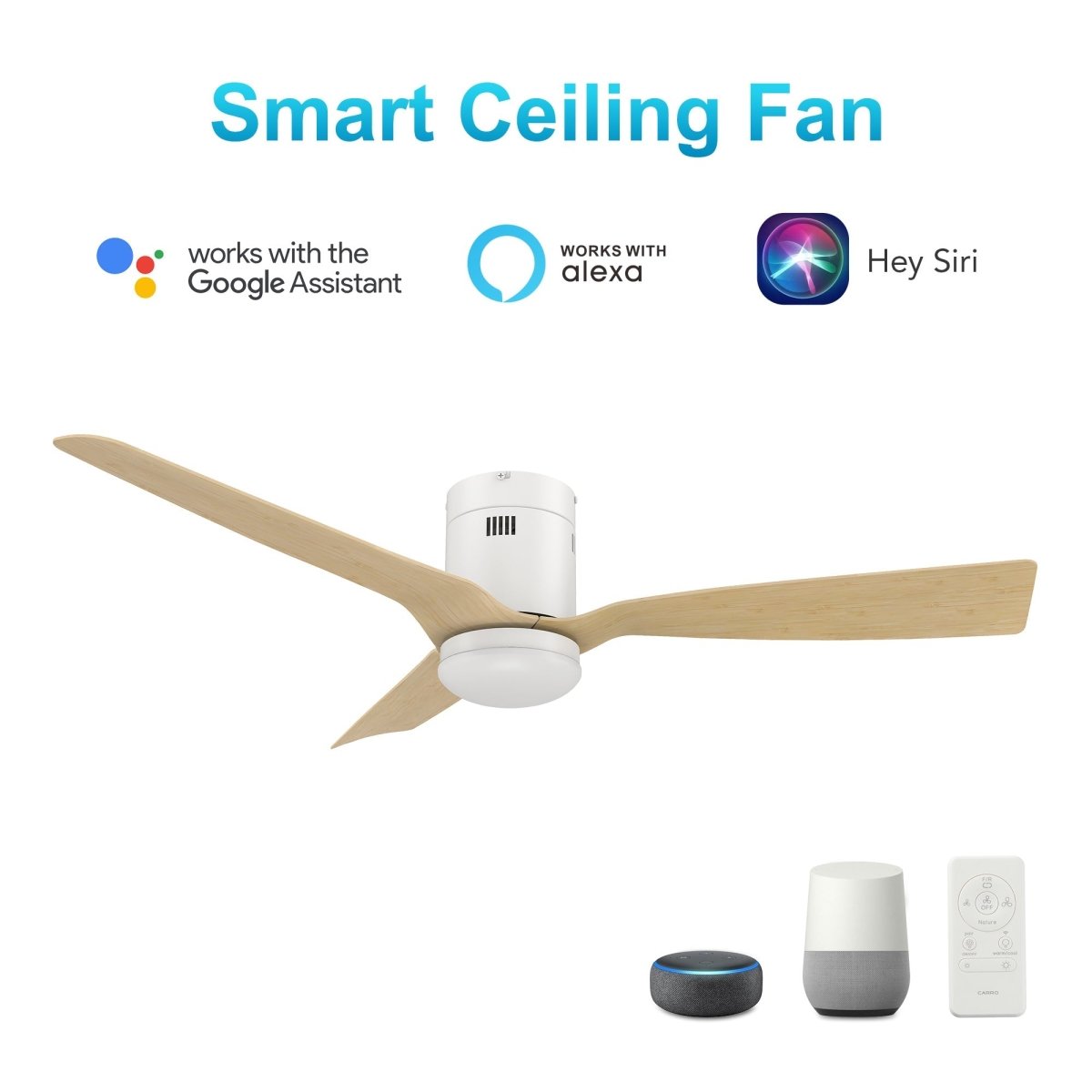 SPEZIA 52 inch 3 - Blade Flush Mount Smart Ceiling Fan with Remote & LED Light - LEDMyPlace