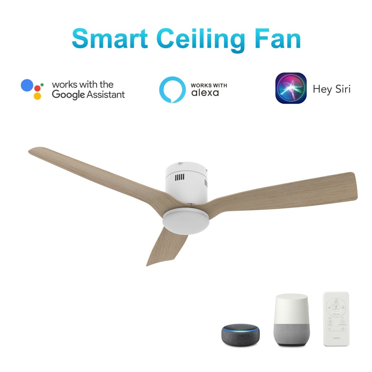 SPEZIA 52 inch 3 - Blade Flush Mount Smart Ceiling Fan with Remote & LED Light - LEDMyPlace