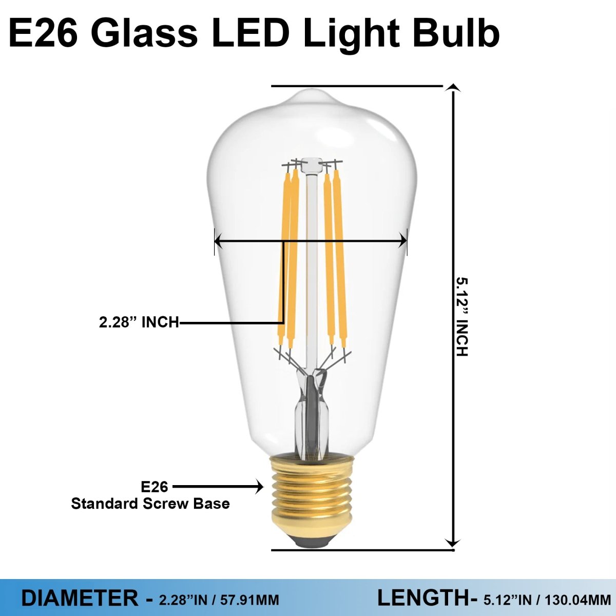 ST18 Dimmable Straight Filament Vintage Edison LED Light Bulb, 6W, 2700K, 600LM, 120V/60Hz, 4 - filament, E26, Clear, Warm Amber Light - D2.28"*5.12"H - LEDMyPlace