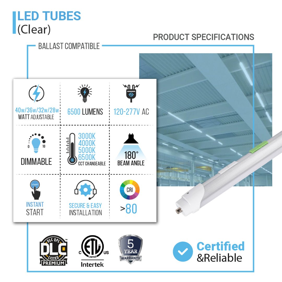 T8 8ft LED Tube/Bulb - 48w/40w/36w/32w Wattage Adjustable, 130lm/w, 3000k/4000k/5000k/6500k CCT Changeable, Clear, FA8 Single Pin, Double End Power - Ballast Bypass - LEDMyPlace