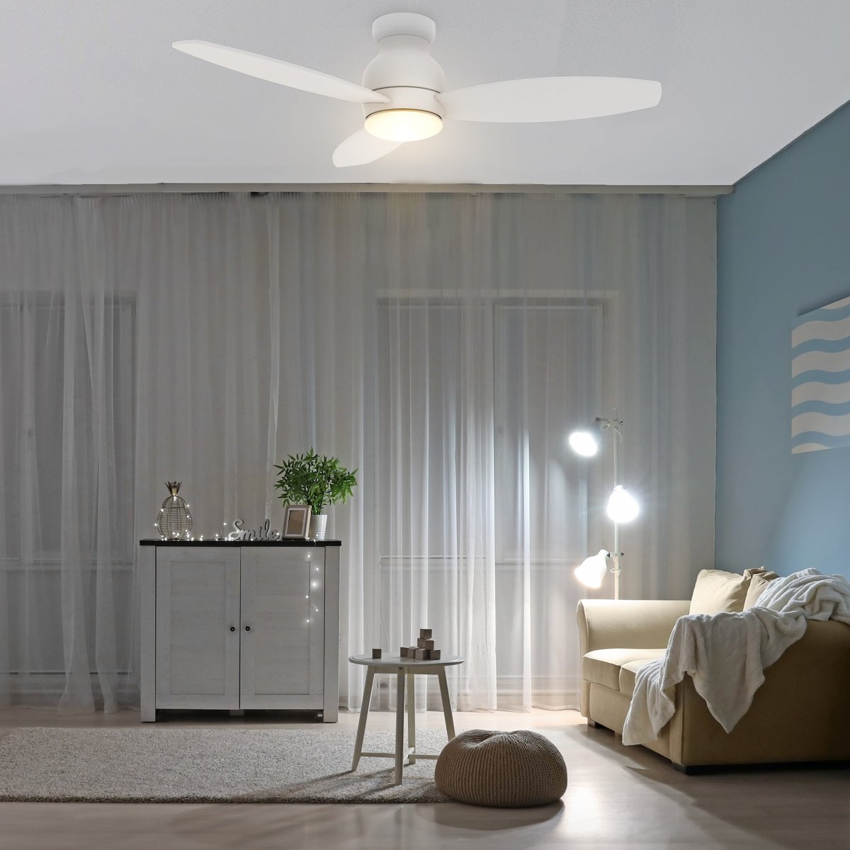 TRENTO 48 inch 3 - Blade Flush Mount Smart Ceiling Fan with LED Light & Remote - LEDMyPlace