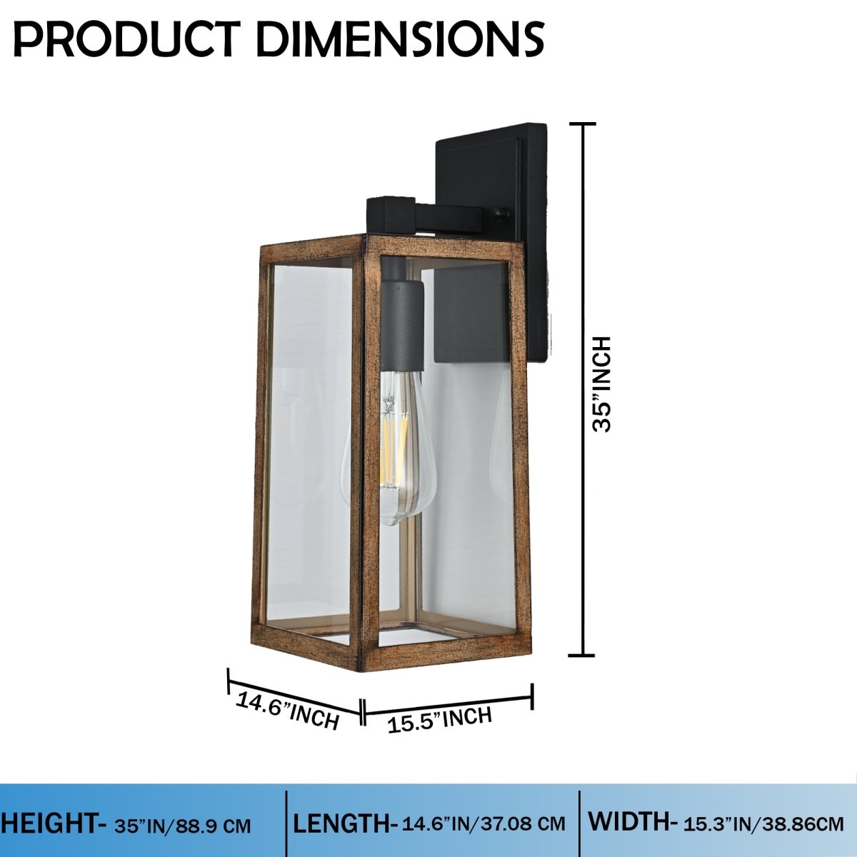 Wall Lights, Exterior Light Fixture, Clear Glass Garage Light, Modern Outdoor Lights Sconce with Waterproof, for Patio, E26 Socket Black+Wood Finish - 14.6"L x 15.5"W x 35"H - LEDMyPlace