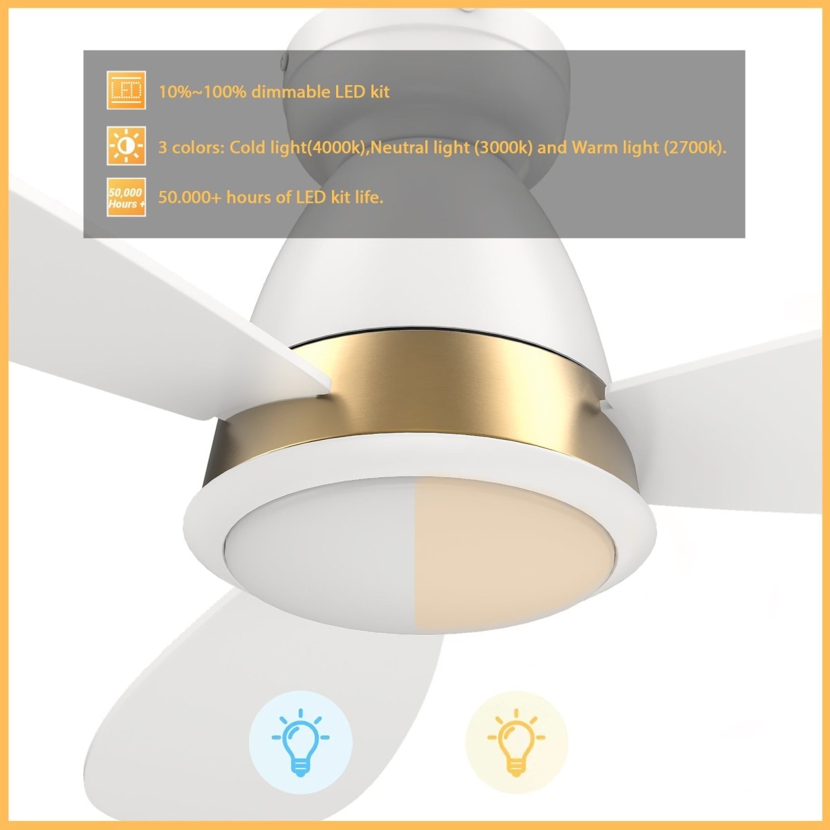 YORK 52 inch 3 - Blade Flush Mount Smart Ceiling Fan with LED Light & Remote - LEDMyPlace