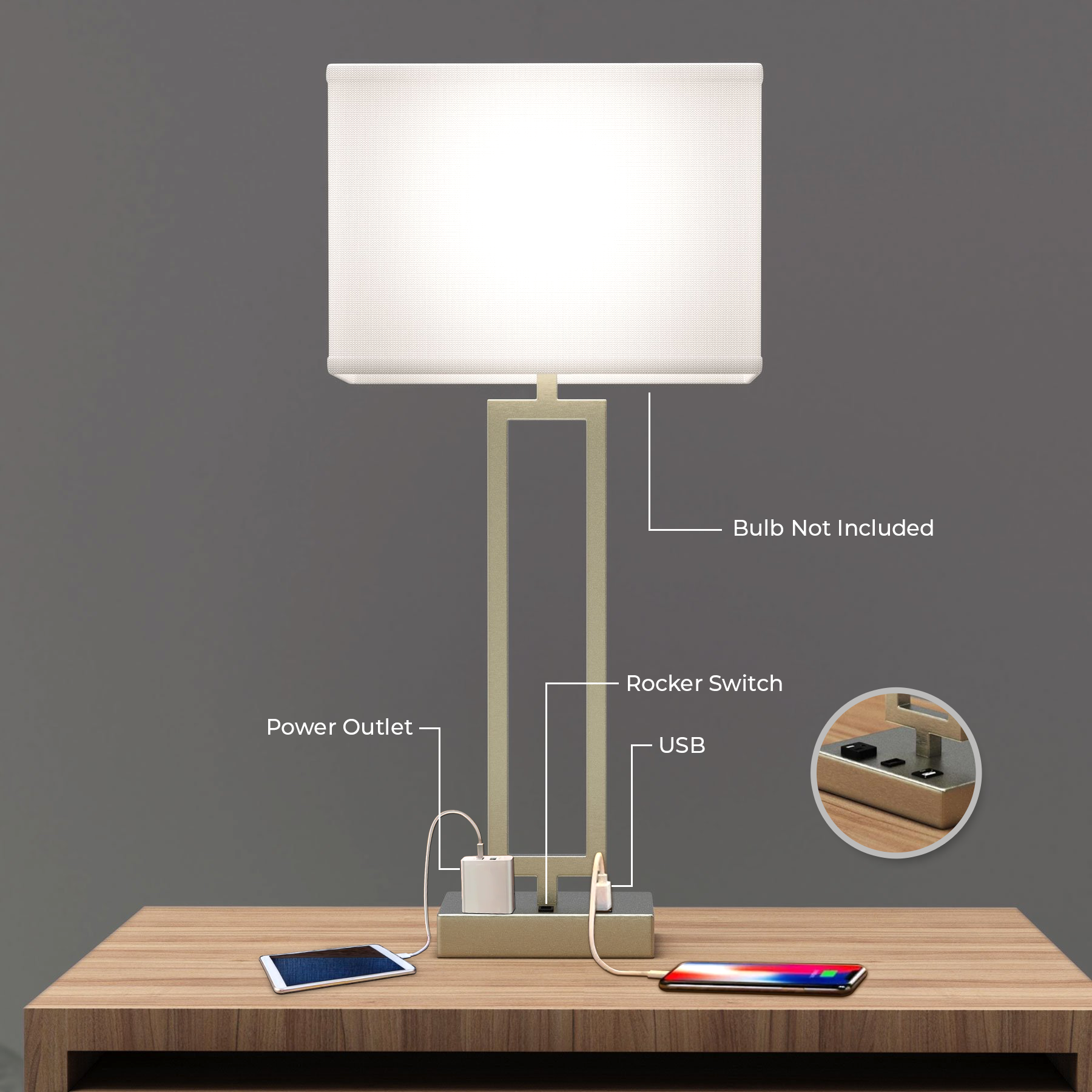 Bedside Table Lamp with USB Port and Outlet, 28 inch, Brushed Nickel Finish, with 1pc Switch,1pcs outlets,1pc USB 1 Type C, For Living Room, Dorm, Bedroom Lamp
