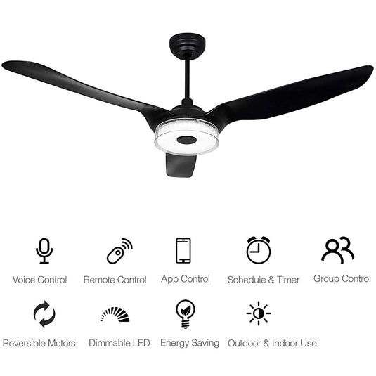 Fletcher 60 Inch 3-Blade Best Smart Ceiling Fan With Led Light Kit & Remote - Black/Black