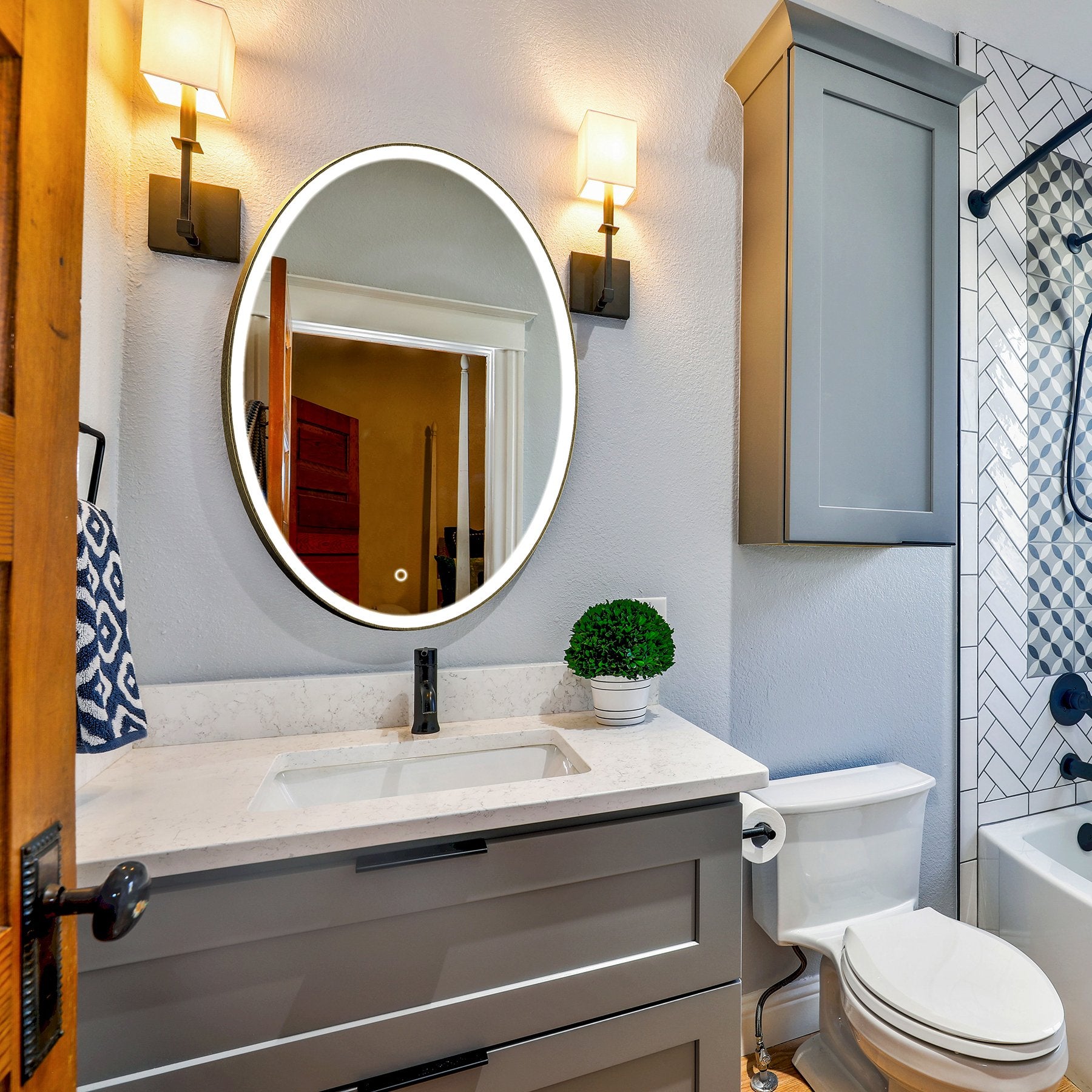 Oval LED Lighted Bathroom Vanity Mirror, Touch Switch, Anti - Fog Wall Mounted Makeup Mirror & CCT Remembrance, CRI 90+, LED Oval Mirror for Bathroom, Lunar Style - LEDMyPlace