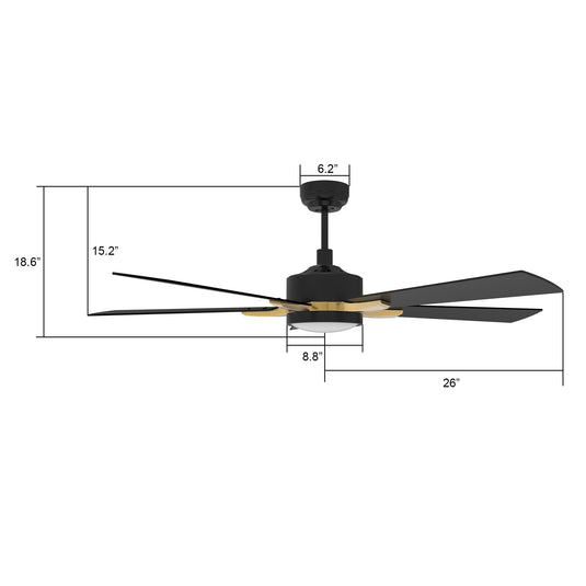 Appleton 52 Inch 5-Blade Best Smart Ceiling Fan With Led Light Kit & Remote Control- Black/Black (Gold Detail)