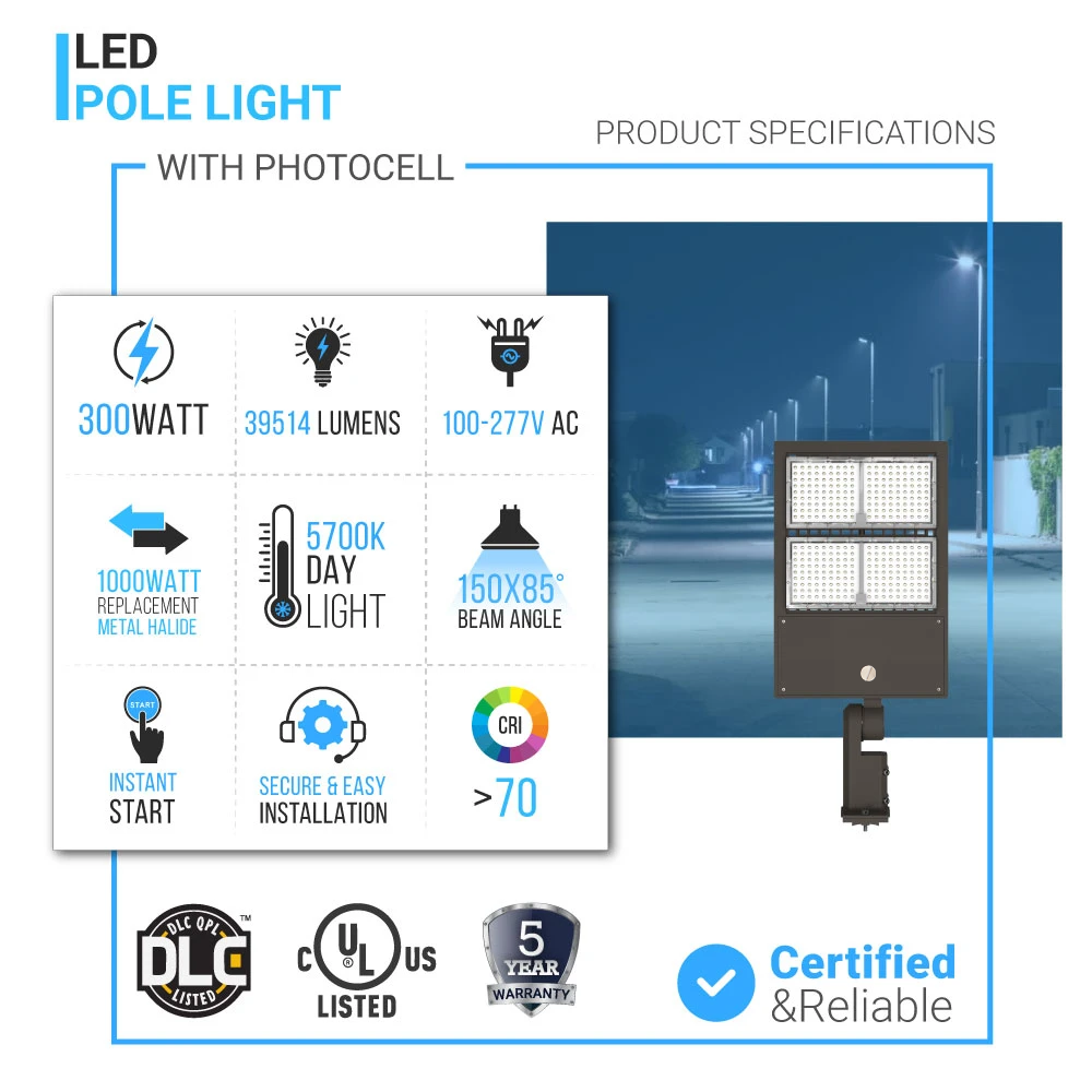 LED Pole Light with Dusk to Dawn Photocell 300W/240W/200W Wattage Adjustable, 5700K, 140 LM/W, AC120-277V Universal Mount Bronze Waterproof IP65, Parking Lot Lights - Outdoor Commercial Area Street Lighting