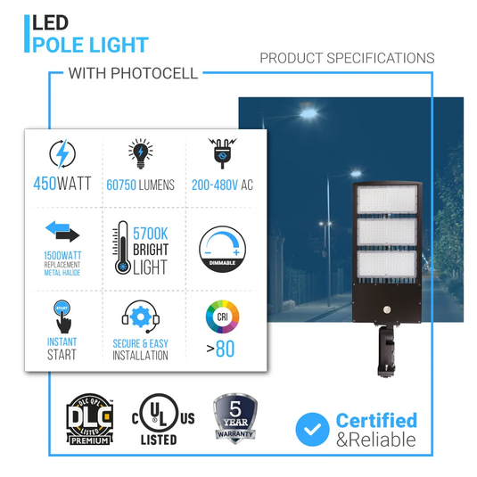 450W LED Pole Light with Dusk to Dawn Photocell, 5700K, High Voltage AC277-480V, Universal Mount Bronze, With 20KV Surge Protector, IP65 Waterproof, LED Parking Lot Lights - Outdoor Commercial Area Street Lighting