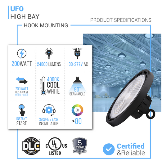 Gen13 UFO LED High Bay Light, 200W, 4000K, 24,800LM, AC100-277V, IP65 UL, DLC Listed, 0-10V Dimmable, LED Warehouse Light Fixtures