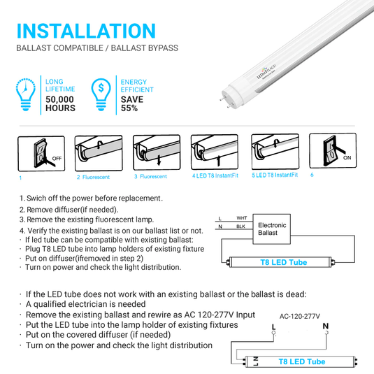Hybrid T8 4ft LED Tube/Bulb - 20W 2800 Lumens 4000K Frosted, Single End/Double End Power - Ballast Compatible or Bypass (Check Compatibility List)
