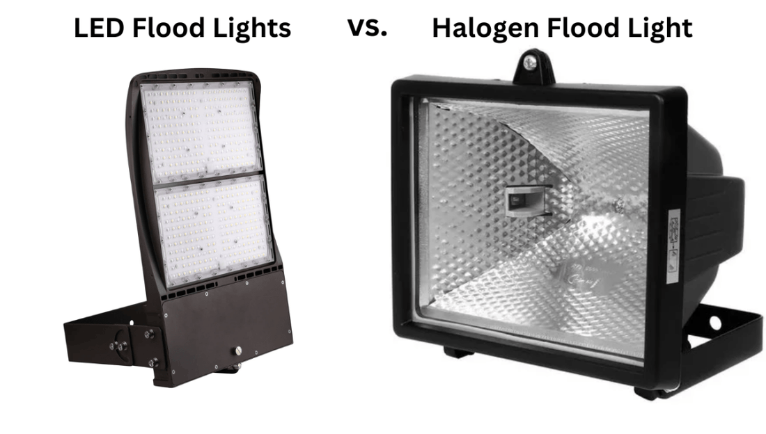 LED flood light 30W 2700 lumens comparison with halogen bulb