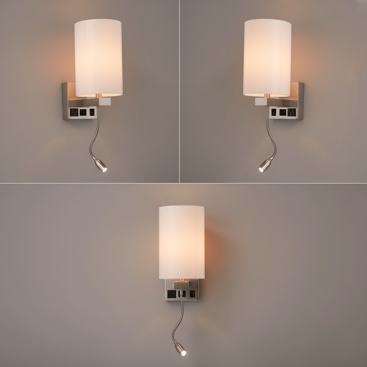 1 - Light, Acrylic Shade Indoor Wall Sconce Light with 1 Switch, 1usb & 1outlet, Brushed Nickel Finish, Bedside Wall Lights w/ 1W LED Reading Lamp, for Bedroom Living Room Hotels - LEDMyPlace