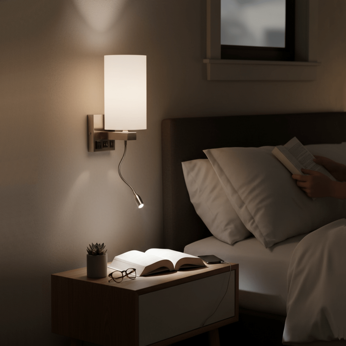 1 - Light, Acrylic Shade Indoor Wall Sconce Light with 1 Switch, 1usb & 1outlet, Brushed Nickel Finish, Bedside Wall Lights w/ 1W LED Reading Lamp, for Bedroom Living Room Hotels - LEDMyPlace