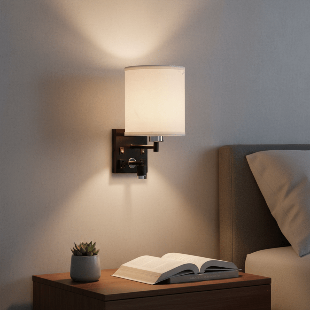 1-Light Bedside Wall Sconce Lighting with Adjustable LED Reading Light, Black Metal Finish w/ White Fabric Shade, W/ LED 1W 1USB, 2 Switchs &1 Outlet, for Bedroom Living Room Hotels