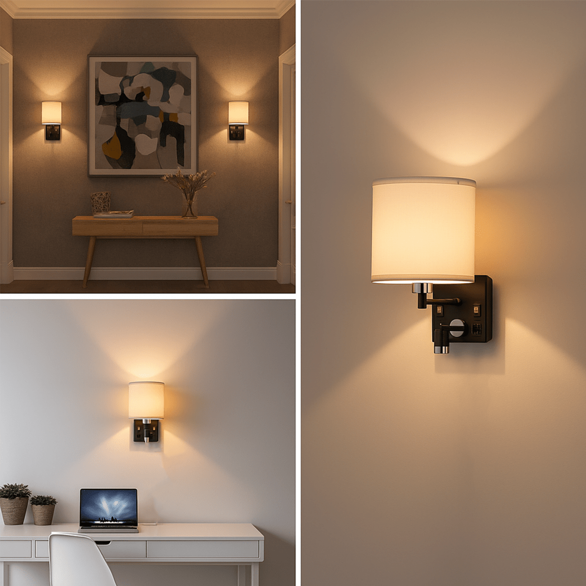 1 - Light Bedside Wall Sconce Lighting with Adjustable LED Reading Light, Black Metal Finish w/ White Fabric Shade, W/ LED 1W 1USB, 2 Switchs &1 Outlet, for Bedroom Living Room Hotels - LEDMyPlace