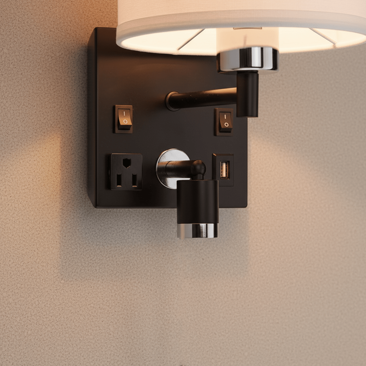 1 - Light Bedside Wall Sconce Lighting with Adjustable LED Reading Light, Black Metal Finish w/ White Fabric Shade, W/ LED 1W 1USB, 2 Switchs &1 Outlet, for Bedroom Living Room Hotels - LEDMyPlace