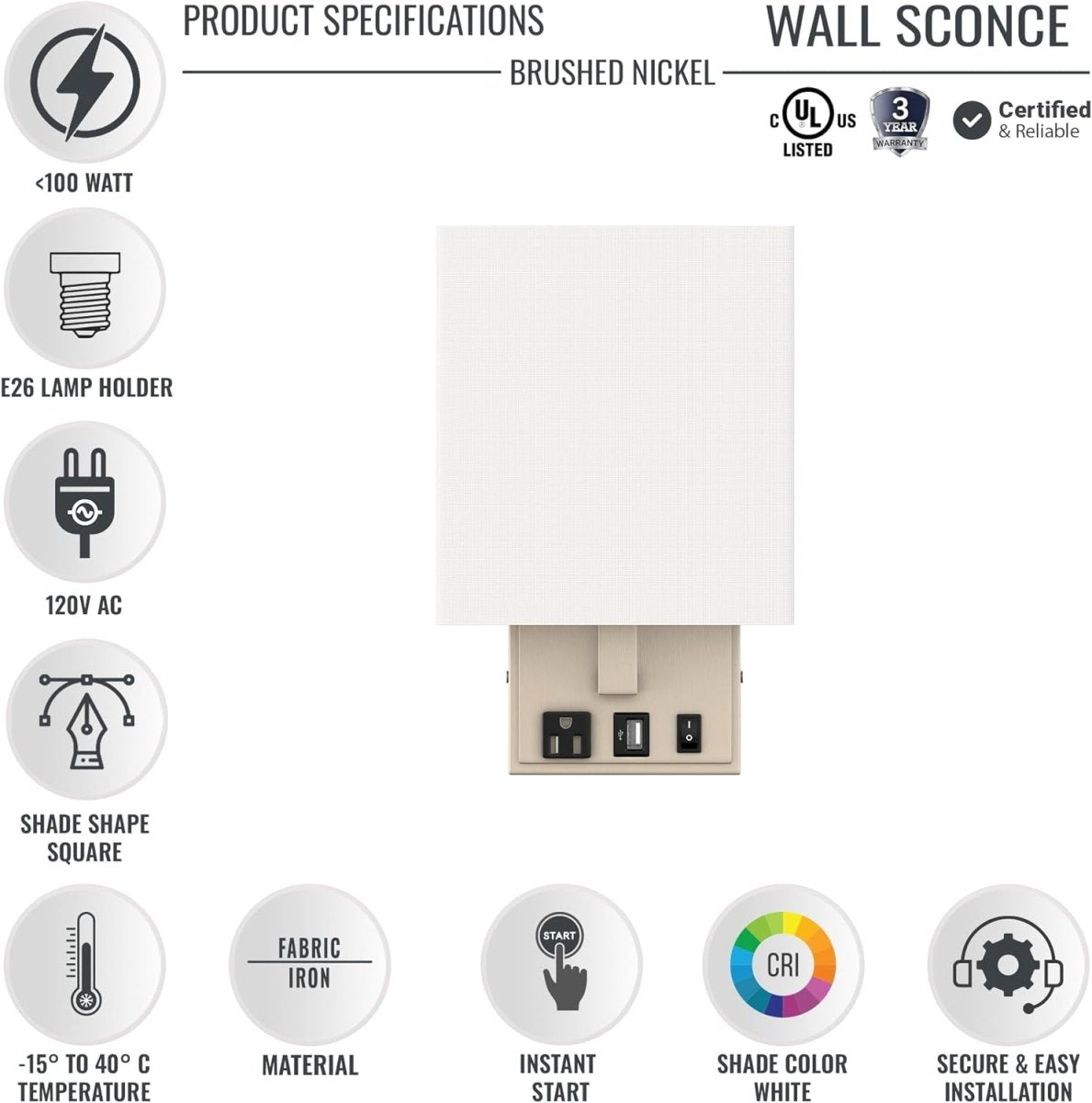 1 - Light, Decorative Wall Sconces Light with 1 Switch, 1 USB, 1 Type C & 1 Outlet, Satin Nickel Finish w/ White shade, Wall Mounted Lamps for Home Hotel Corridor Restaurant - LEDMyPlace