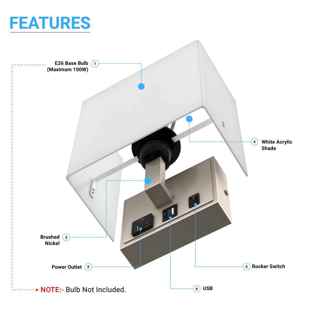 1 - Light, Decorative Wall Sconces Light with 1 Switch, 1 USB, 1 Type C & 1 Outlet, Satin Nickel Finish w/ White shade, Wall Mounted Lamps for Home Hotel Corridor Restaurant - LEDMyPlace