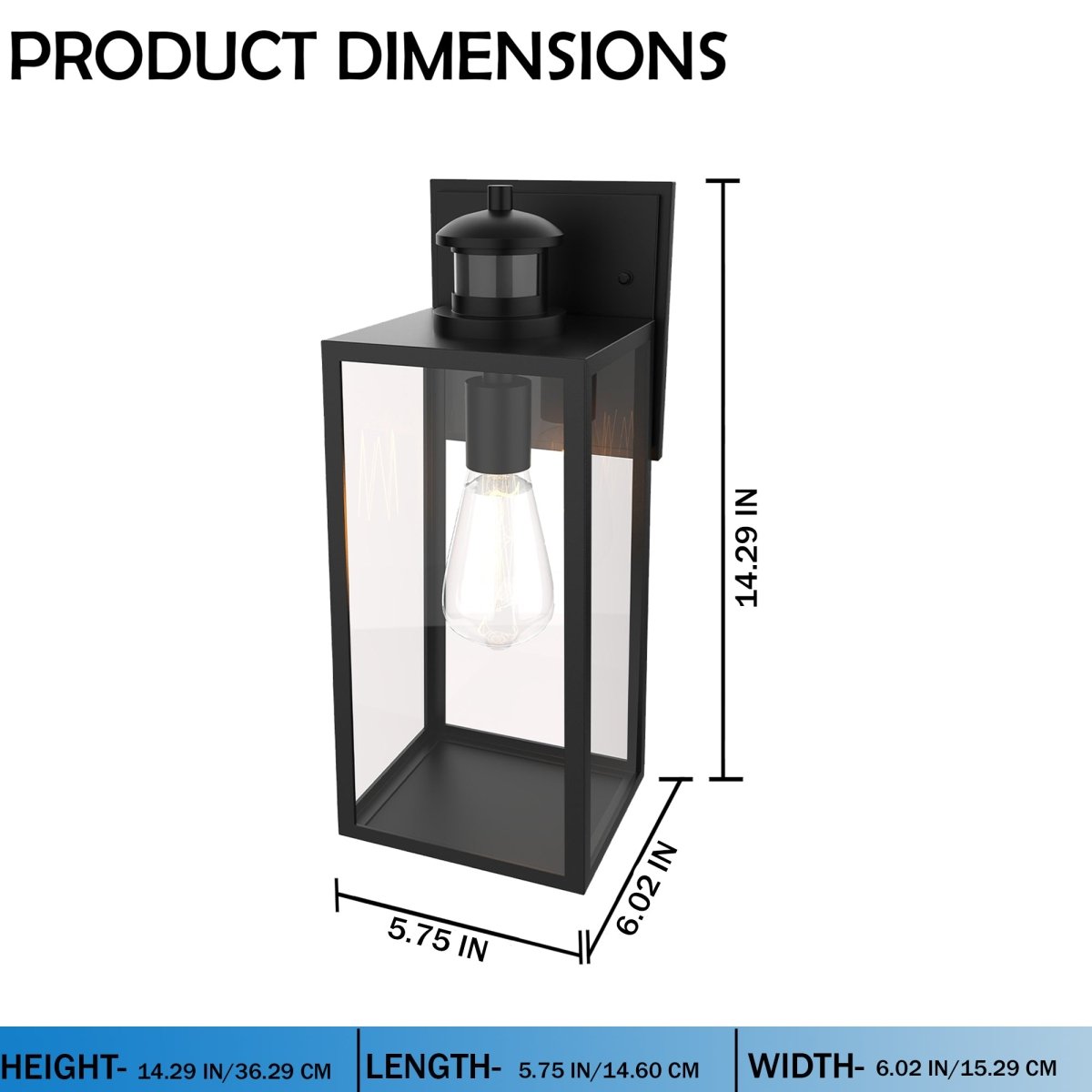 1 - Light Motion Sensor Outdoor Wall Sconce,Dusk to Dawn Sensor Outdoor Lights for House,Waterproof Wall Lantern,Matte Black Finish with Clear Glass Shade - 5.75"L x 6.02"W x 14.29"H - LEDMyPlace