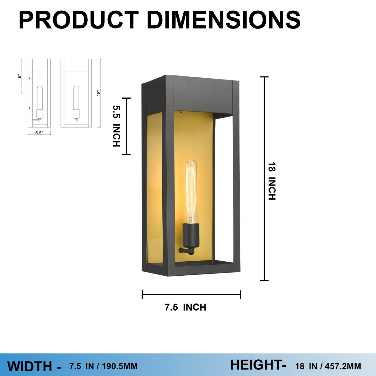 1 - Light, Outdoor Wall Sconce Light, Outdoor Lantern, E26 Socket 1X60W, Clear Glass Panels, Matte Black, 18" H x 7.5" W, Extends 5.5" from the wall - LEDMyPlace