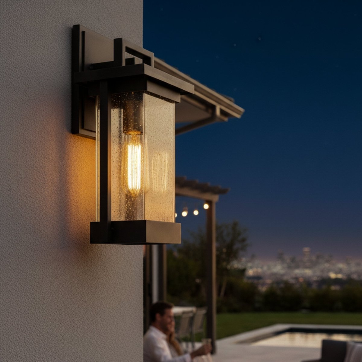 1 - Light Outdoor Wall Sconce, Matte Black, Clear Seeded Glass Shade, Outdoor Lighting Modern, Front Porch Décor, E26 Bulb, Patio Decor - 7.87"L x 7.09"W x 15.08"H - LEDMyPlace