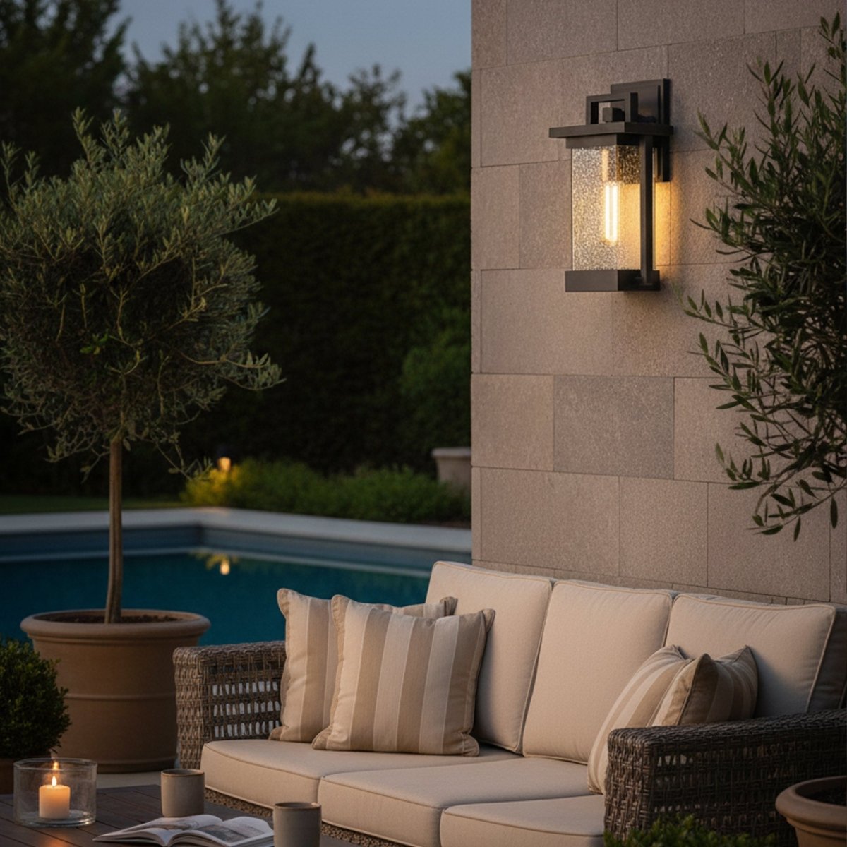 1 - Light Outdoor Wall Sconce, Matte Black, Clear Seeded Glass Shade, Outdoor Lighting Modern, Front Porch Décor, E26 Bulb, Patio Decor - 7.87"L x 7.09"W x 15.08"H - LEDMyPlace