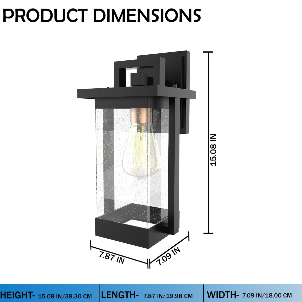 1 - Light Outdoor Wall Sconce, Matte Black, Clear Seeded Glass Shade, Outdoor Lighting Modern, Front Porch Décor, E26 Bulb, Patio Decor - 7.87"L x 7.09"W x 15.08"H - LEDMyPlace