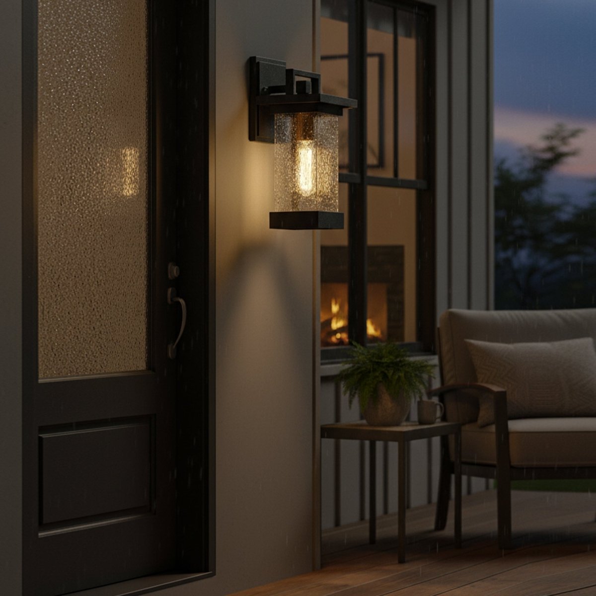 1 - Light Outdoor Wall Sconce, Matte Black, Clear Seeded Glass Shade, Outdoor Lighting Modern, Front Porch Décor, E26 Bulb, Patio Decor - 7.87"L x 7.09"W x 15.08"H - LEDMyPlace