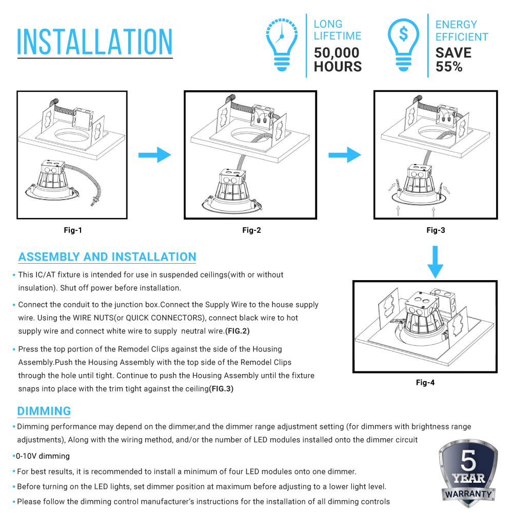 40W 10 inch Commercial LED Recessed Lighting 3000lm 5000K Daylight Junction Box Dimmable ETL Energy Star Listed 1 Pack