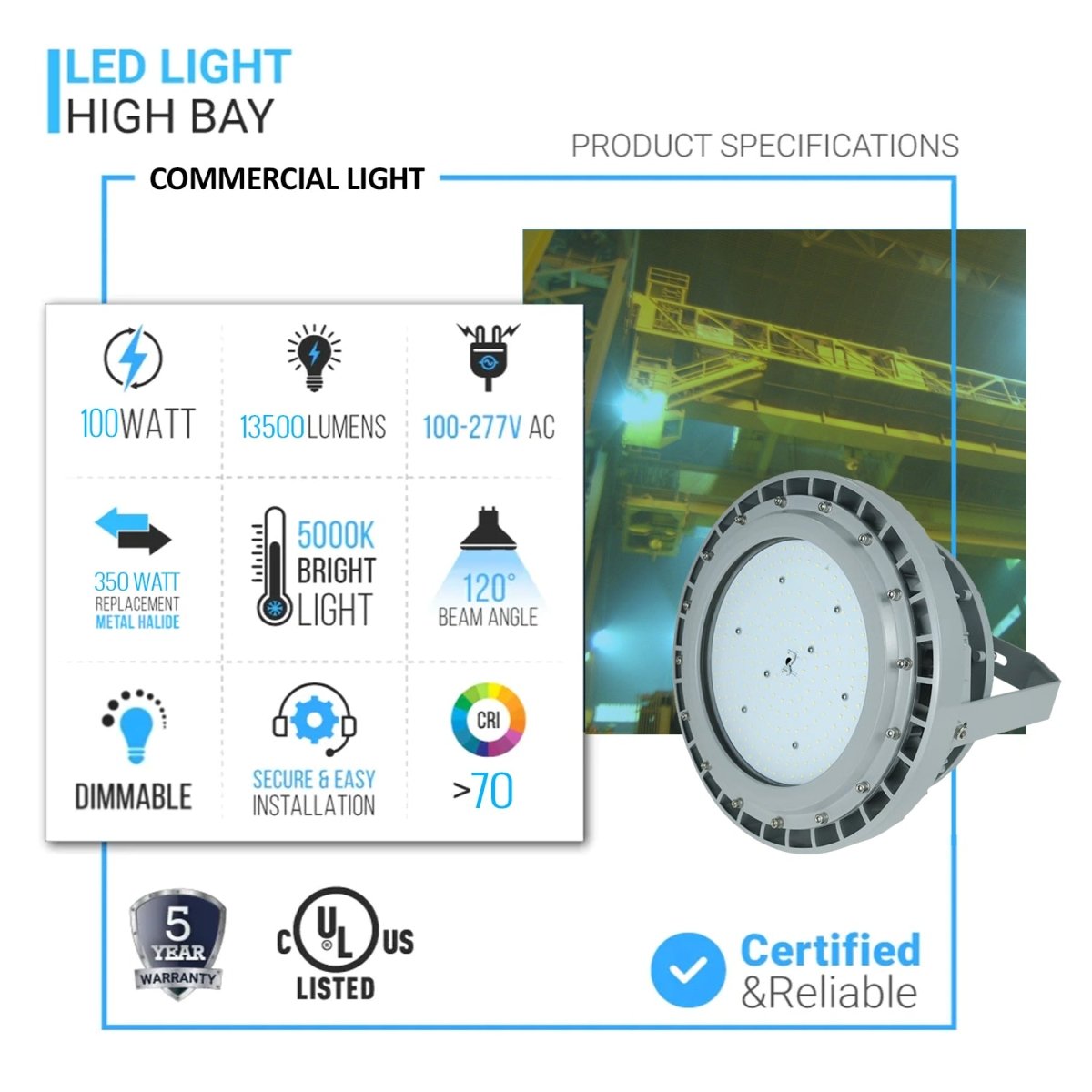 100 Watt LED Explosion Proof Round High Bay Light, C Series, Dimmable, 5000K, 13500LM, AC100 - 277V, IP66, Hazardous Location Lighting Fixtures - LEDMyPlace
